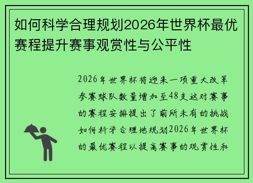 如何科学合理规划2026年世界杯最优赛程提升赛事观赏性与公平性 如何科学合理规划2026年世界杯最优赛程提升赛事观赏性与公平性